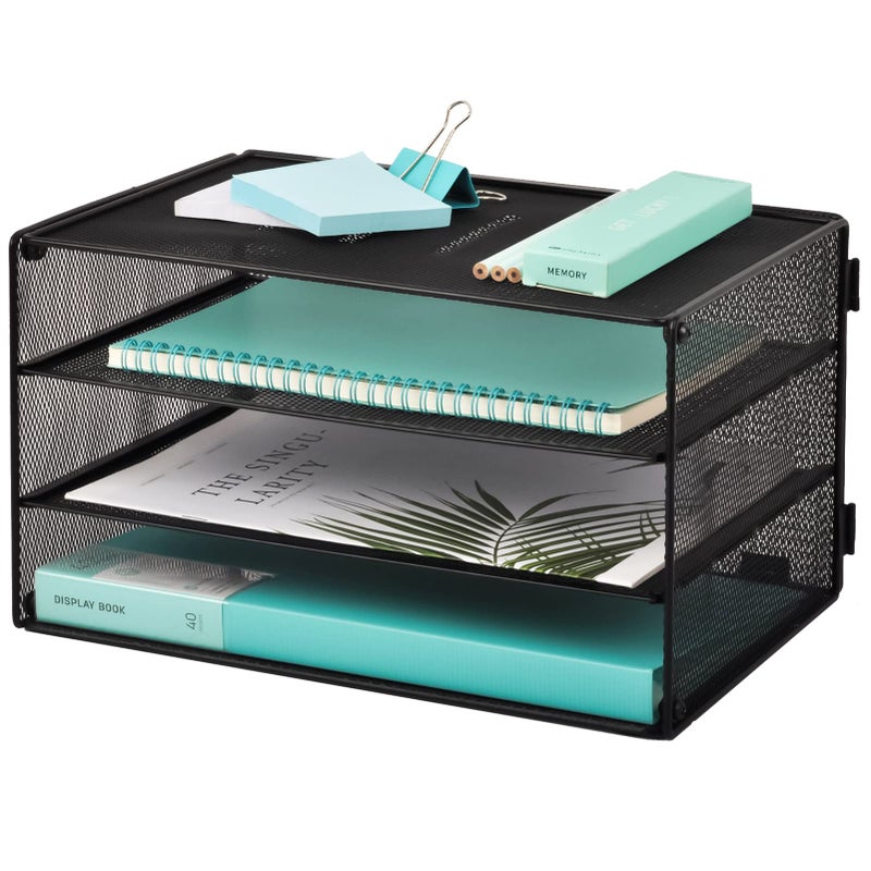 EASEPRES 3 Tier Mesh Desk Organizer Tray, File Paper Letter Folder Holder Desktop Paper Sorter Mail Organization Rack Storage Accessories, for Office Home School Classroom, Black - Image 1